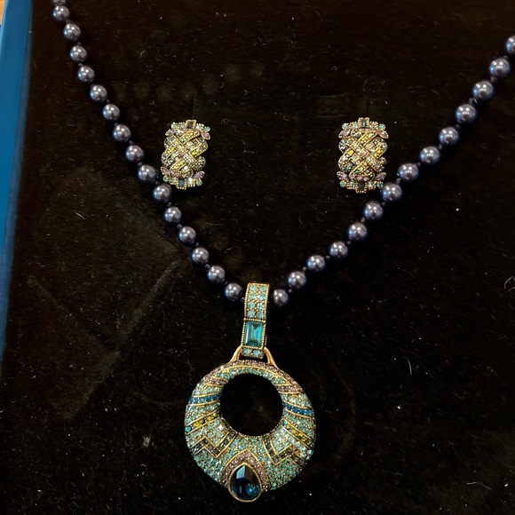 Heidi Daus Navy & Aqua Pearl & Crystal Necklace/Bracelet/Earrings Set NWT 💙💎 - Picture 7 of 12